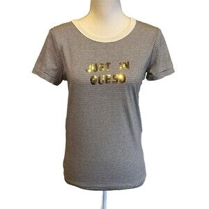 NWT Bow & Drape Women's S Small Just in Queso Graphic T-Shirt Black  Striped